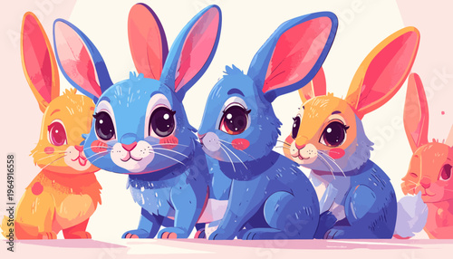 A group of cute rabbits with big eyes sitting together indoors.