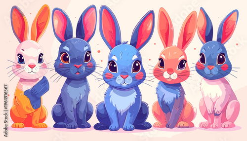 Five colorful cartoon rabbits sit together in a row indoors looking cute