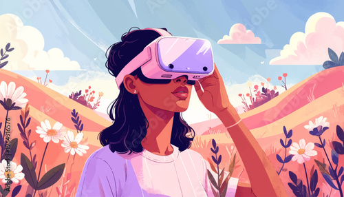 Woman experiences virtual reality in a serene field with flowers and hills.