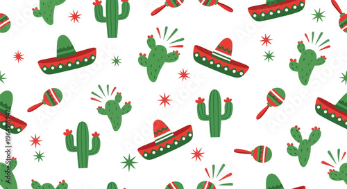 Mexican fiesta vector pattern with cactus, sombrero, and maracas seamless festive background