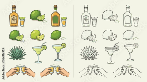A colorful and monochrome collection of illustrations depicting tequila bottles, limes, margaritas, agave plants, and hands clinking shot glasses.