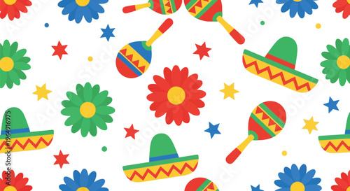 Mexican fiesta vector pattern with sombreros, maracas, flowers, and colorful festive elements