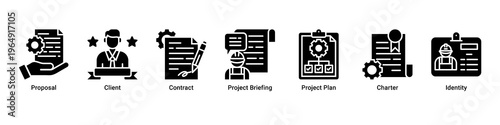 Project Setup web banner icon vector illustration with icons of Proposal,Client,Contract,Project Briefing,Project Plan,Charter and Identity