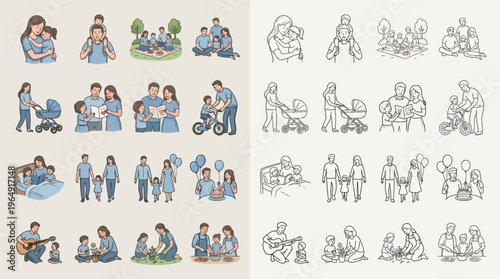 Collection of illustrations depicting various family activities and moments, including parents and children interacting, playing, and spending time together.