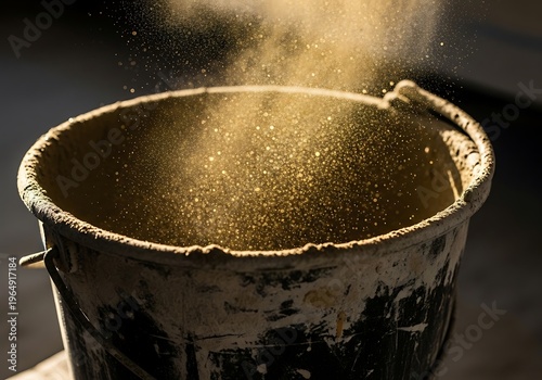 Dusty metal bucket with powder being poured into it