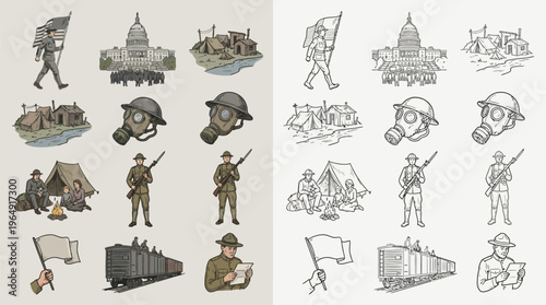 Collection of vintage illustrations depicting soldiers, military camps, and historical buildings, presented in both color and line art styles.