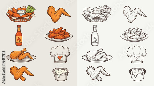 A collection of colorful and black and white illustrations of chicken wings and related food items, including dipping sauce and chef hats.
