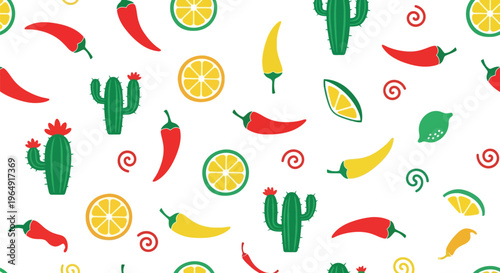Mexican seamless vector pattern with chili peppers, cactus, lemon, lime, and festive elements