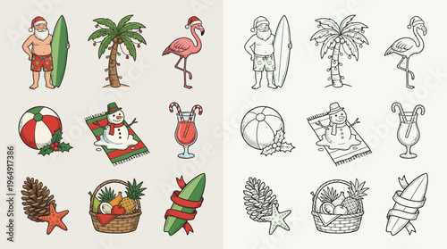 A collection of Christmas-themed tropical vacation illustrations, featuring Santa, palm trees, flamingos, snowmen, and festive beach items.