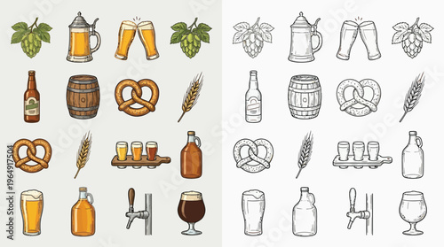 A collection of colorful and monochrome illustrations depicting various beer-related items and symbols.