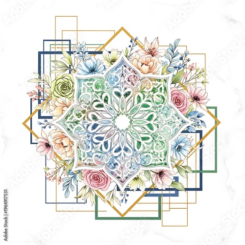 Decorative Mandala with watercolor floral frame and geometric outline design