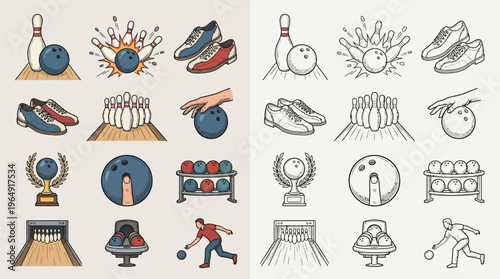 Collection of bowling-related icons and illustrations, featuring pins, balls, shoes, trophies, and players in action.