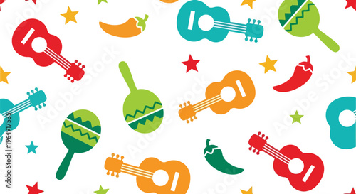 Colorful Mexican music seamless vector pattern with guitars maracas and chili peppers