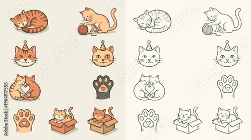A collection of charming cat illustrations in both color and outline, featuring playful kittens, sleeping felines, and adorable paw prints.