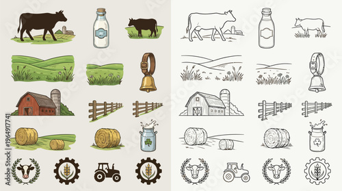 Collection of farm-related illustrations, including cows, barns, tractors, and agricultural landscapes.