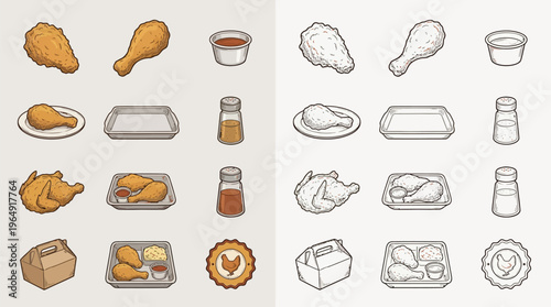 Collection of illustrated fried chicken meal items and packaging, presented in both color and outline styles.