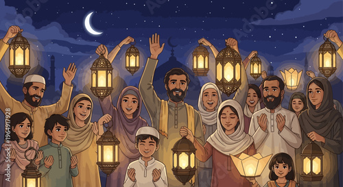 Muslim Family Celebrating Ramadan Night.