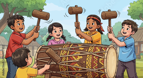 Children playing with large drum.