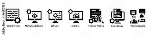 Project Control web banner icon vector illustration with icons of Control System,Monitoring Software,Software,Analytics,Financial Analysis,Online Survey and Communications