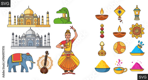 Indian Culture Icons: Taj Mahal, Dancer, Elephant, Holi Colors, Diya, Kite
