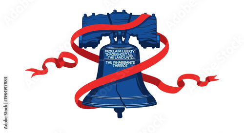 Liberty Bell with Red Ribbon, Independence Day Symbol, Patriotic USA Icon