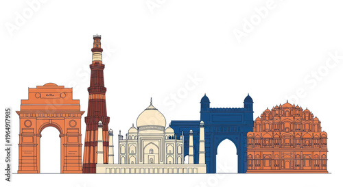 Indian Landmarks Skyline Silhouette: Delhi, Agra, India