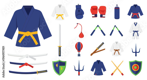 Martial Arts Equipment Collection: Gi, Gloves, Swords, Nunchucks, Punching Bag