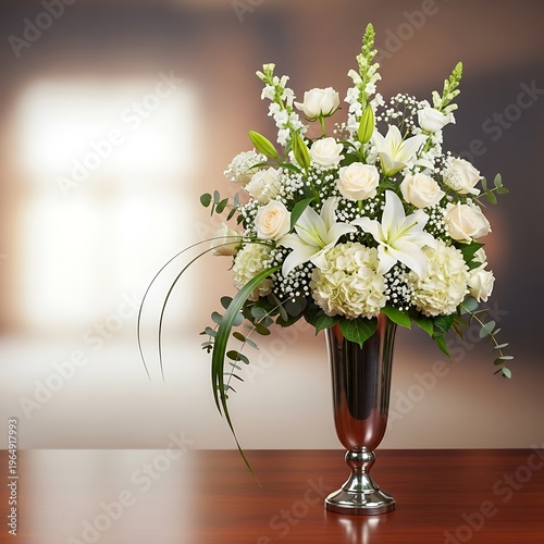 Elegant floral arrangement in silver vase featuring roses, lilies, and hydrangeas