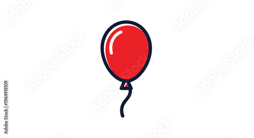 Single Red Balloon with Black Outline and String on White Background, Minimalist Celebration Icon