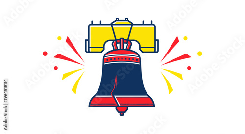 Stylized Liberty Bell with Festive Fireworks and Confetti on White Background