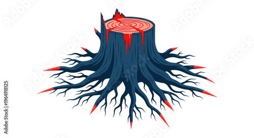 Stylized Tree Stump with Deep Roots and Red Accents - Deforestation Concept