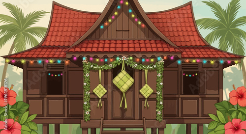 Traditional Thai wooden house exterior.