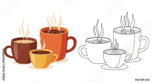 Three Steaming Coffee Cups with Hot Beverages, One Black and White Outline