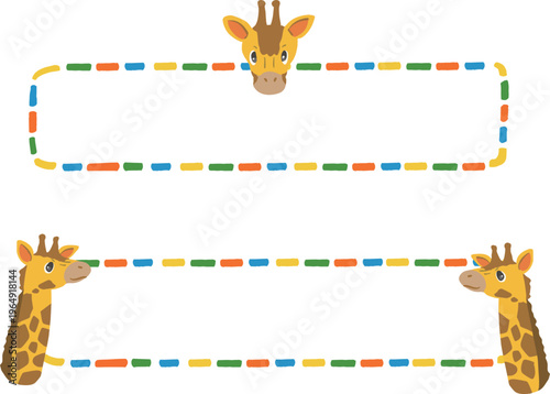 主線無し　シンプルな手描き風キリンのフレームイラストセット