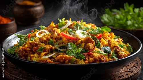 Kottu Rotti with chicken, vegetables, egg, and curry sauce in black bowl, steaming hot, vibrant colors, cinematic lighting, elegant Indian presentation, ultra-realistic top-down view.