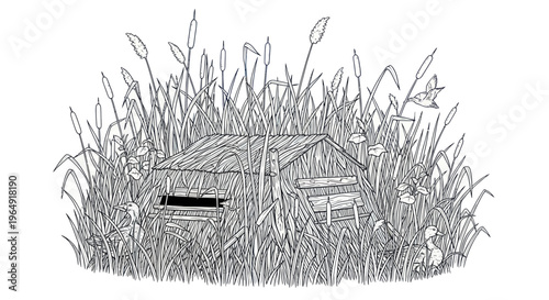 Abandoned rustic shed overgrown with tall grass and reeds, hand-drawn sketch
