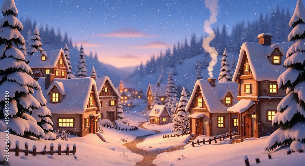Fototapeta premium Snowy village scene illustration