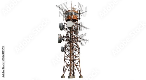 Old rusty telecommunication tower with multiple antennas isolated on white