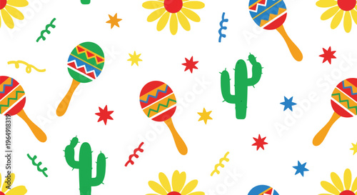 Mexican fiesta seamless vector pattern with maracas, cactus, flowers, and colorful festive elements