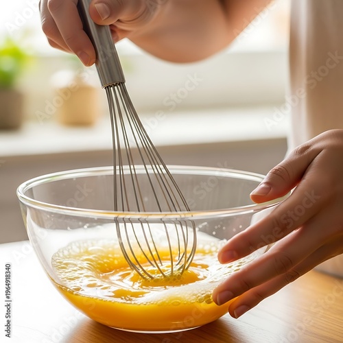 Culinary preparation blending vibrant eggs in glass bowl with whisk tool