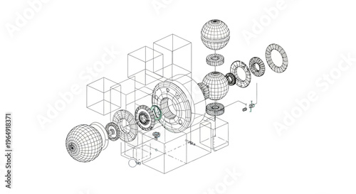 Technical line drawing of mechanical components and industrial structure sketches in a disassembled state with a focus on engineering design on a white background.