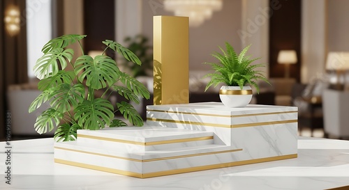 Elegant indoor display with plants and marble texture podium for showcases