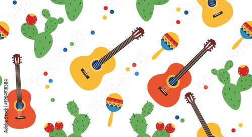 Mexican fiesta vector pattern with guitars, maracas, cactus and colorful festive elements