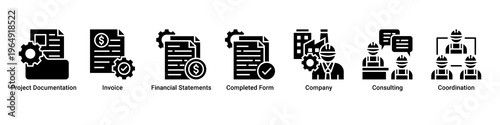 Documentation Flow web banner icon vector illustration with icons of Project Documentation,Invoice,Financial Statements,Completed Form,Company,Consulting and Coordination