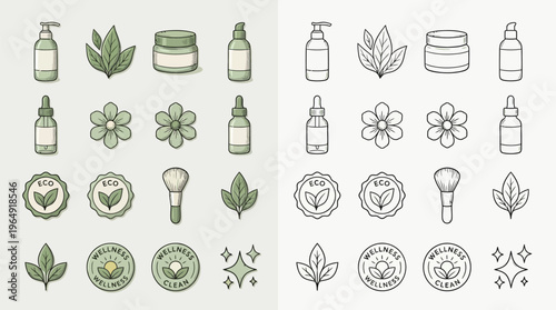 Collection of hand-drawn icons representing natural and organic cosmetic products and ingredients, including bottles, jars, leaves, and flowers.