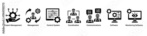 Management System web banner icon vector illustration with icons of Project Management,Management,Control System,Coordination,Communications,Software and Monitoring Software
