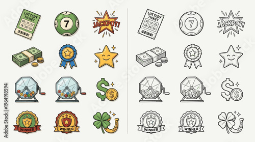 Collection of lottery and gambling-themed icons, including scratch cards, lottery balls, winning stars, money, badges, and lucky charms.