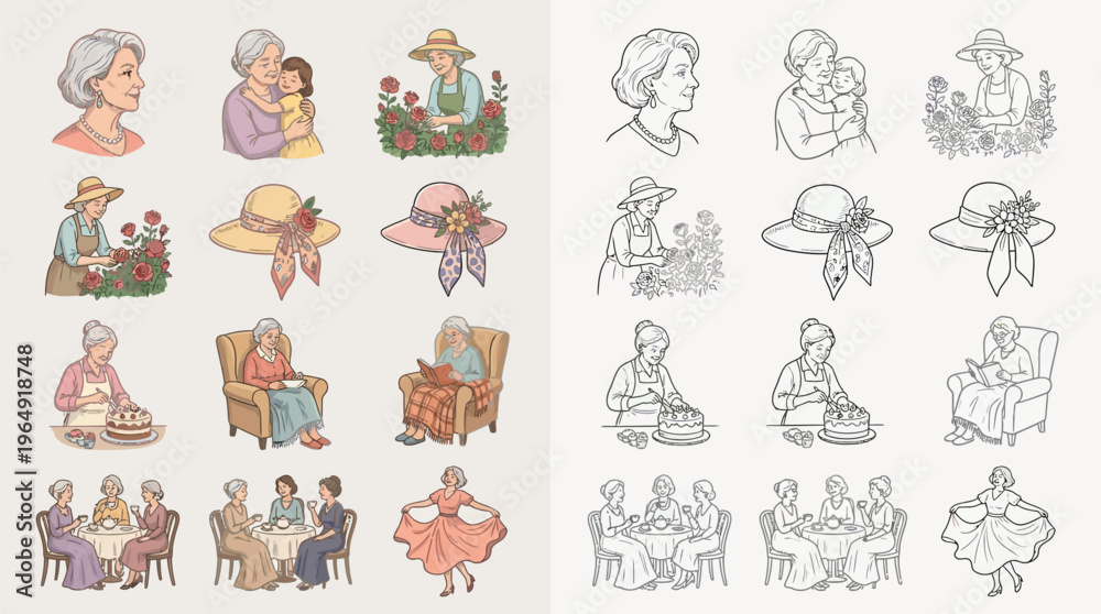 Fototapeta premium Collection of vintage illustrations depicting women of different ages engaged in various activities, including gardening, tea parties, and crafting.