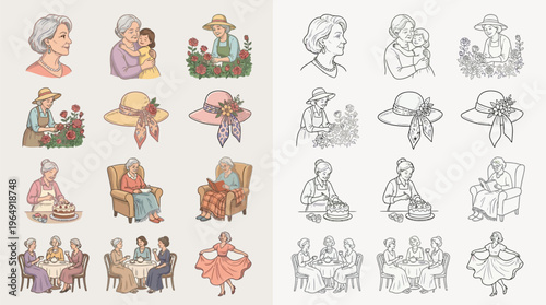 Collection of vintage illustrations depicting women of different ages engaged in various activities, including gardening, tea parties, and crafting.