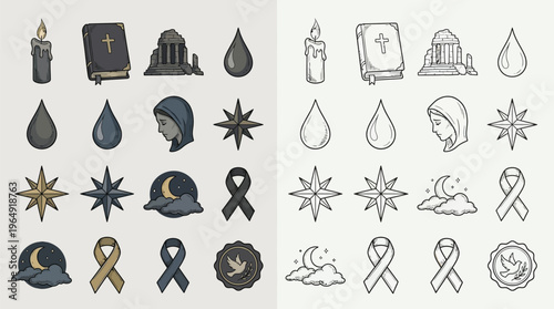 A collection of solemn icons representing themes of remembrance, grief, and spirituality, presented in both colored and line-art versions.